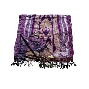 Boho Paisley Purple Pashmina Long Tassel Scarf Gypsy Artsy Folk Layer Shawl Wrap